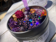 Load image into Gallery viewer, 4oz Tin Moon wind 100% hand poured soy wax intention candle " breaking of bad luck, drive away evil, divination, spiritual and psychic powers"