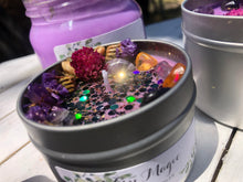 Load image into Gallery viewer, 8oz Tin Moon wind 100% hand poured soy wax intention candle " breaking of bad luck, drive away evil, divination, spiritual and psychic powers"