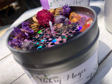Load image into Gallery viewer, 8oz Tin Moon wind 100% hand poured soy wax intention candle " breaking of bad luck, drive away evil, divination, spiritual and psychic powers"