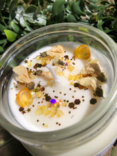 Load image into Gallery viewer, 8oz Glass Vanilla sun -100% hand poured soy wax intention candle" Brings clarity, abundance, wealth"