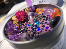Load image into Gallery viewer, 8oz Tin Moon wind 100% hand poured soy wax intention candle " breaking of bad luck, drive away evil, divination, spiritual and psychic powers"