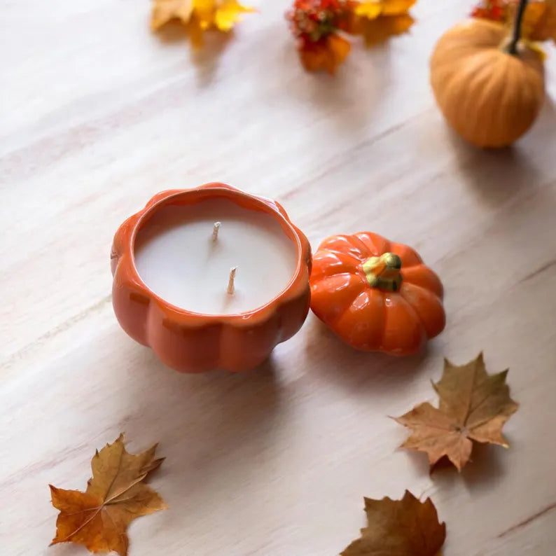 Pumpkin spice scented candle includes ceramic pumpkin keep sake