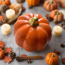 Load image into Gallery viewer, Pumpkin spice scented candle includes ceramic pumpkin keep sake
